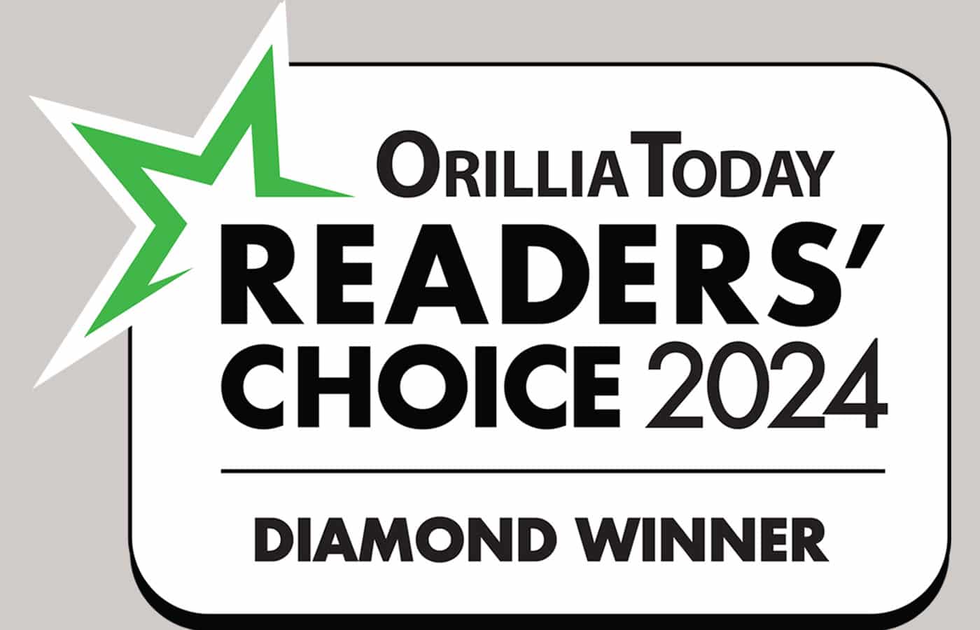 A graphic logo features a green star and the text "Orillia Today Readers' Choice 2024 Diamond Winner" in bold black and grey letters on a white background, celebrating an outstanding vet or veterinarian in the community.