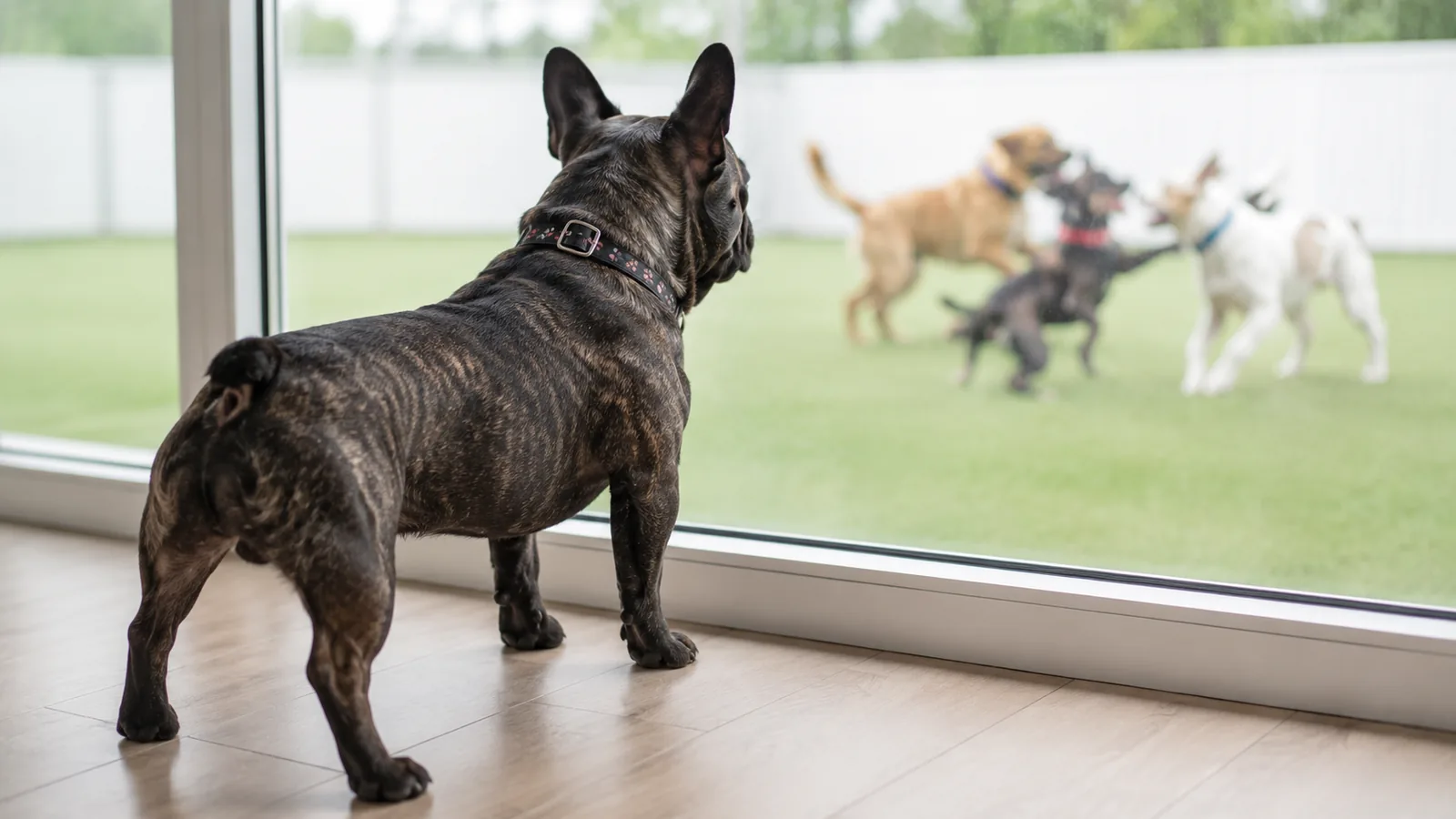 French Bulldog standing indoors in a bright room, looking alertly.