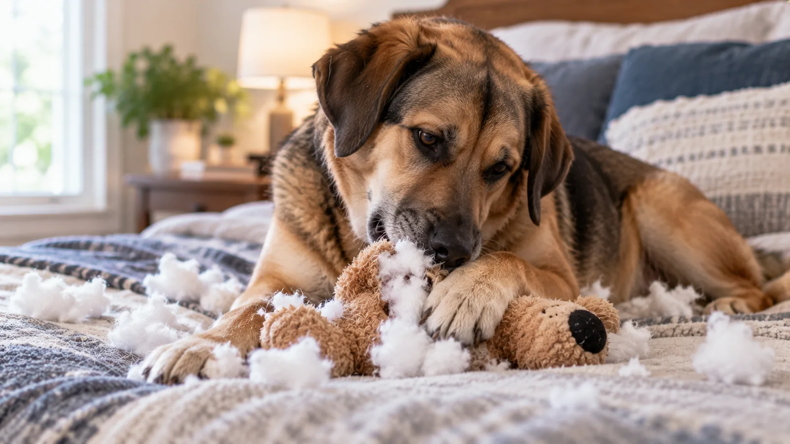 A large tan and black dog lying on a bed pulling stuffing out of a torn teddy bear toy.